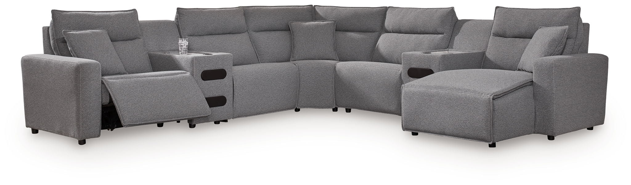 Modmax II - 7-Piece Power Reclining Sectional With RAF Press Back Power Chaise And Audio Consoles - Salt And Pepper
