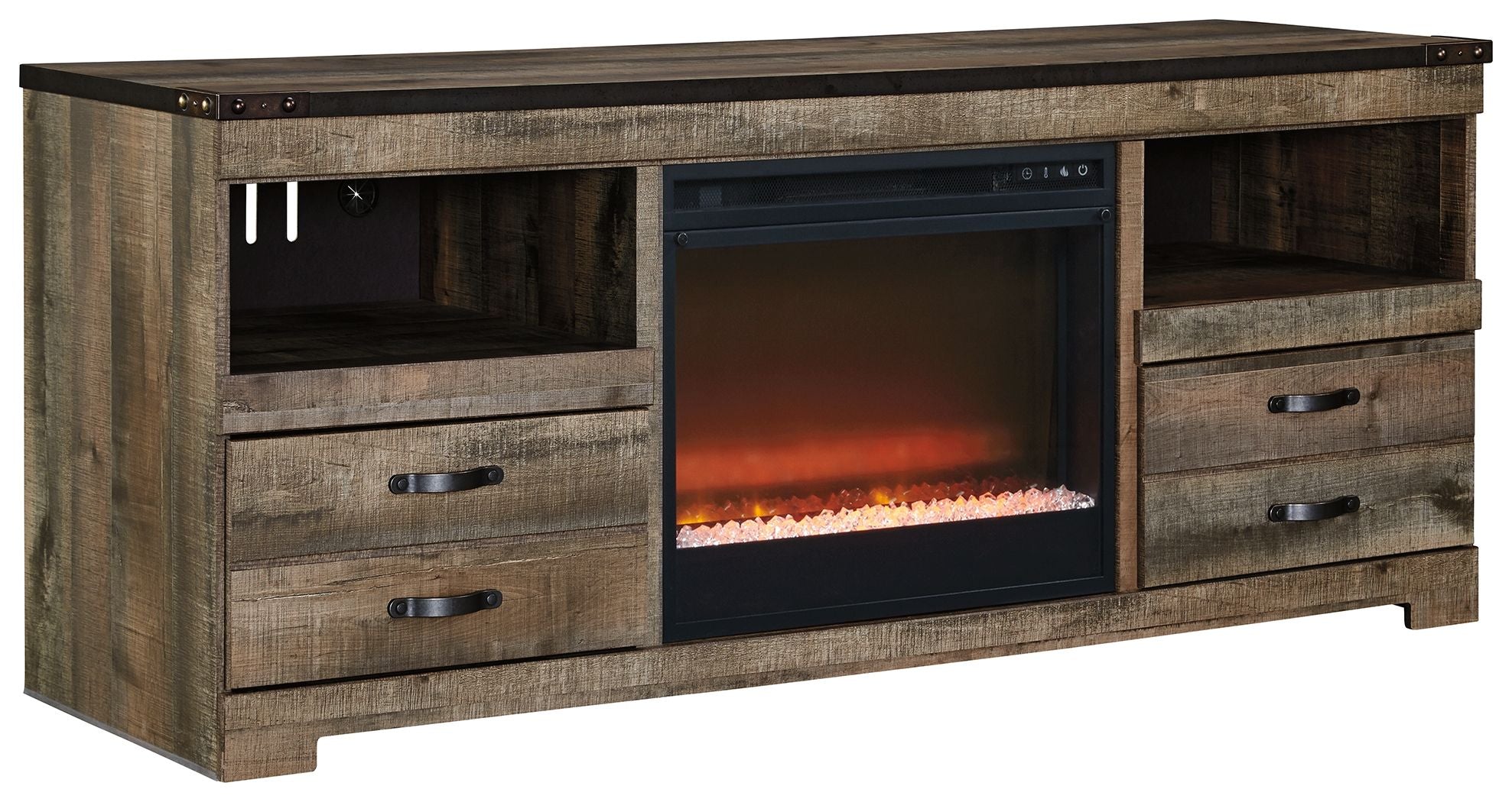Trinell - 2 Pc. - 63" TV Stand With Fireplace Insert Glass/Stone - Brown