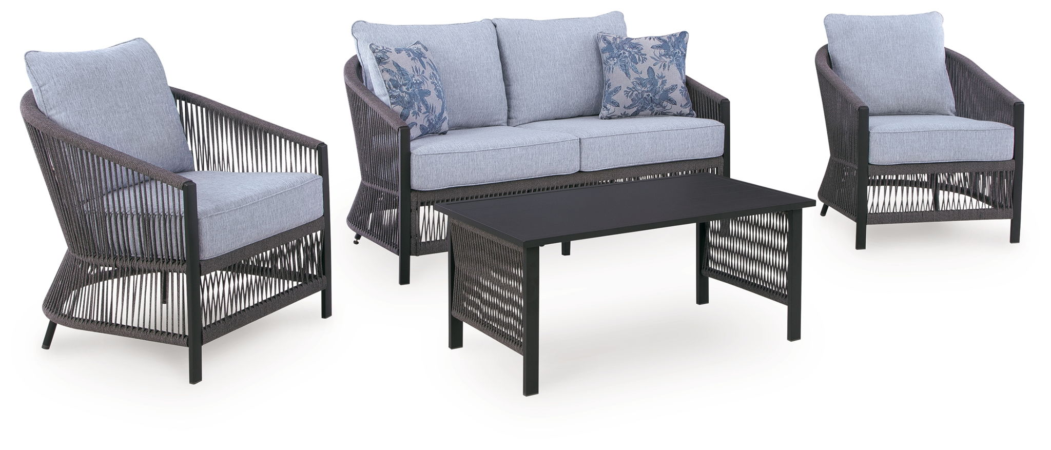 Bodega Island - Loveseat, Lounge Chairs, Table Set (Set of 4) - Gray