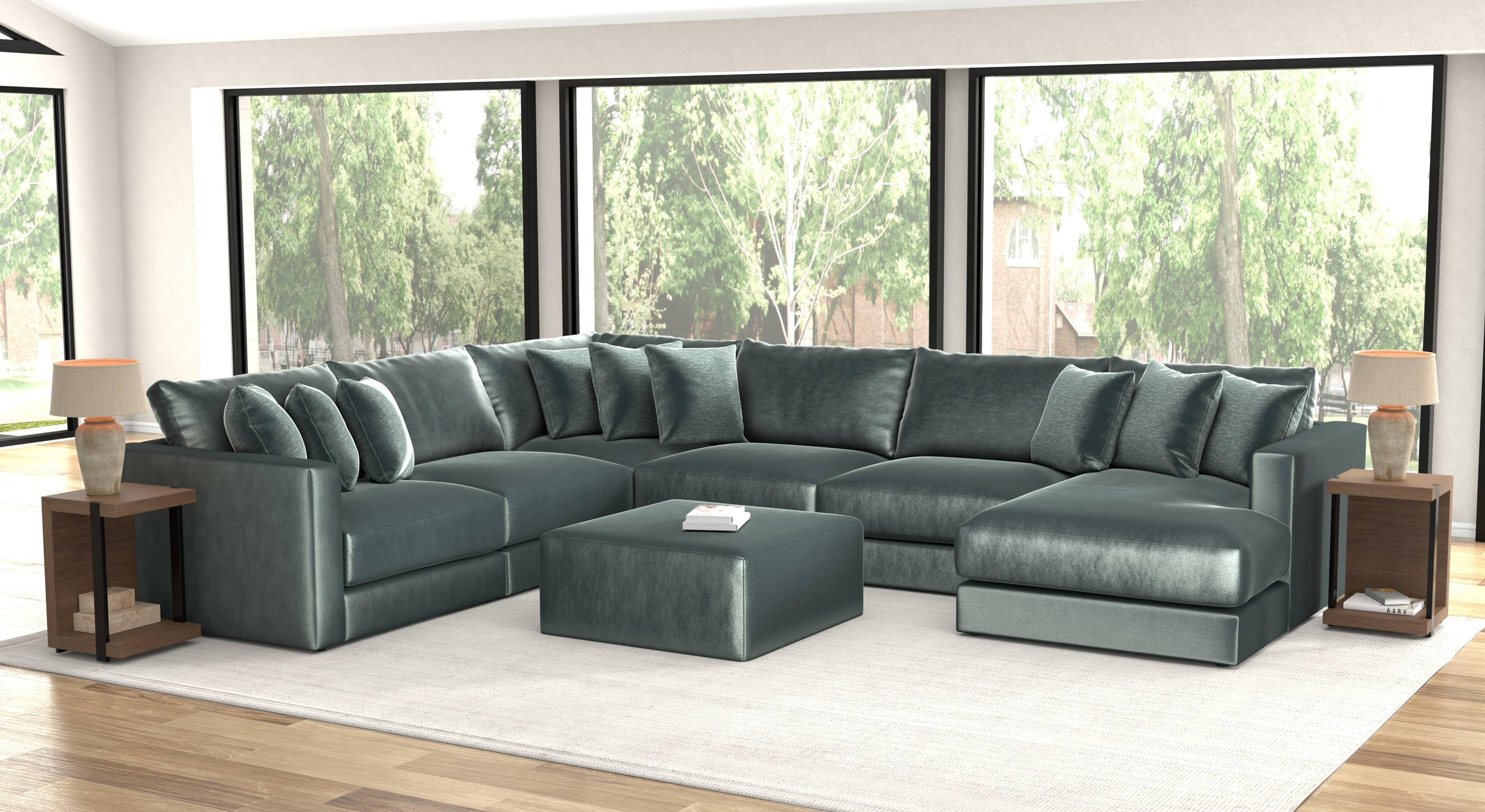 Remington Pine 6-Piece Right Side Facing Chaise Sectional + Ottoman