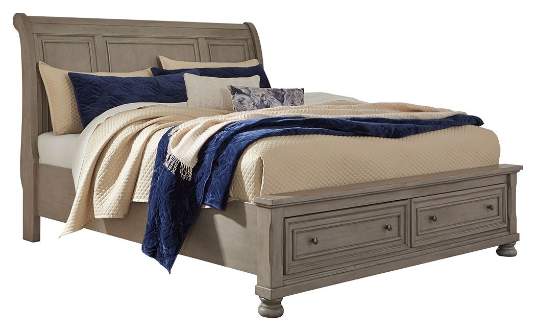 Lettner - King Sleigh Bed With 2 Storage Drawers - Light Gray