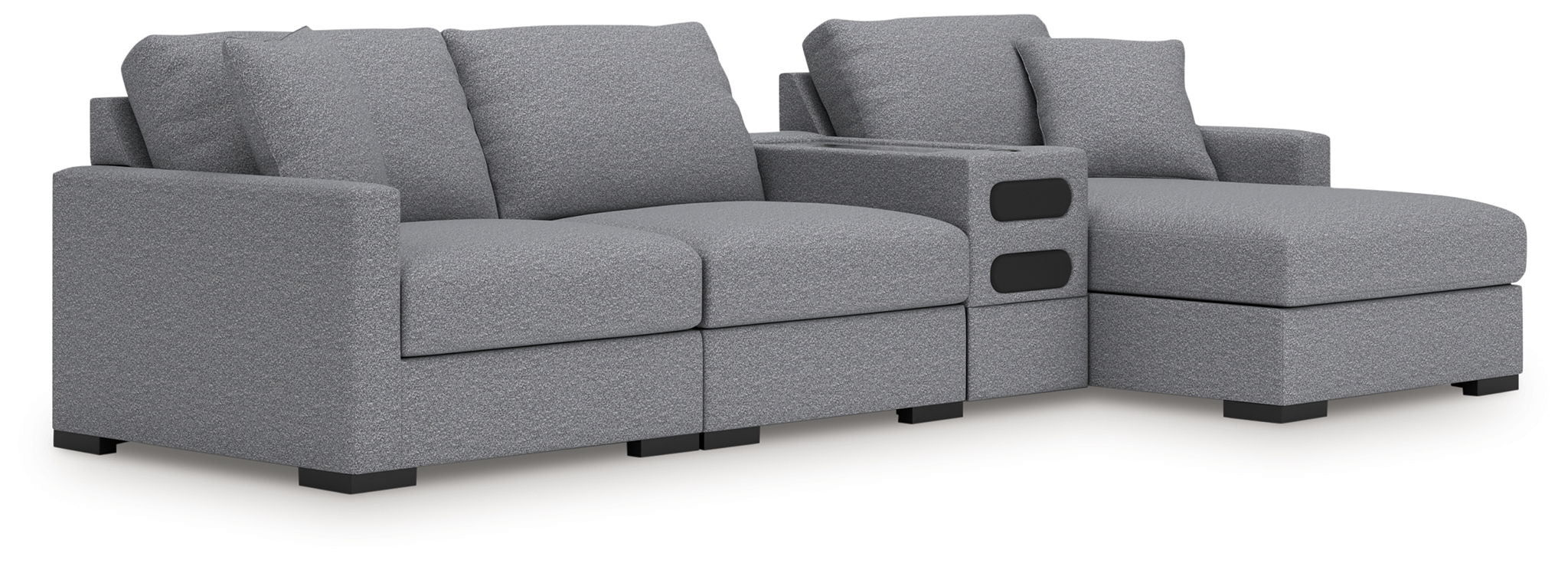 Omaha By Ashley - 4-Piece Sectional With RAF Corner Chaise And Audio Console - Salt And Pepper