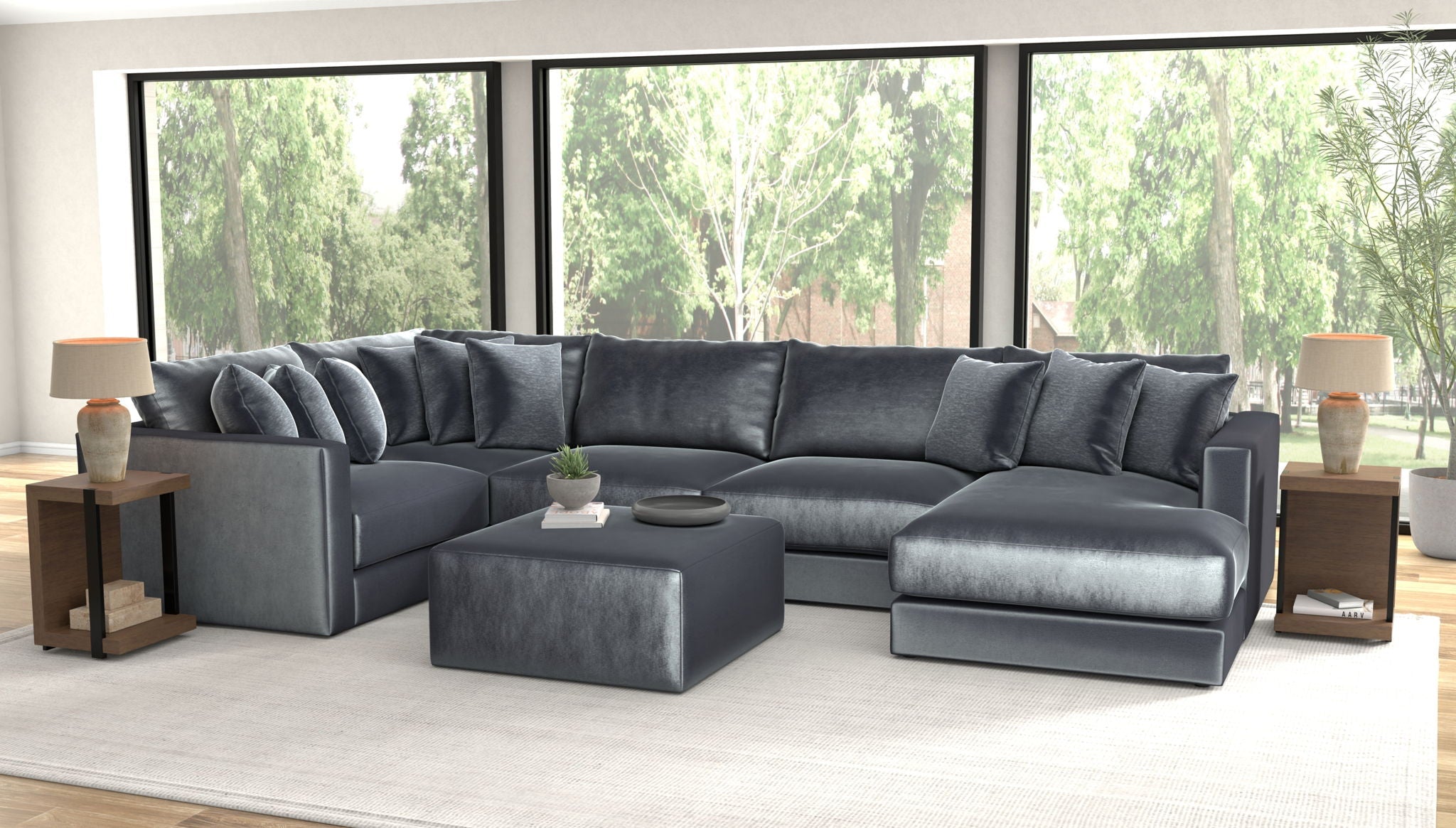 Remington Slate 5-Piece Right Side Facing Chaise Sectional + Ottoman