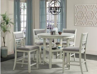 AMHERST - COUNTER HEIGHT DINING TABLE & 4 BARSTOOLS - WHITE/GREY