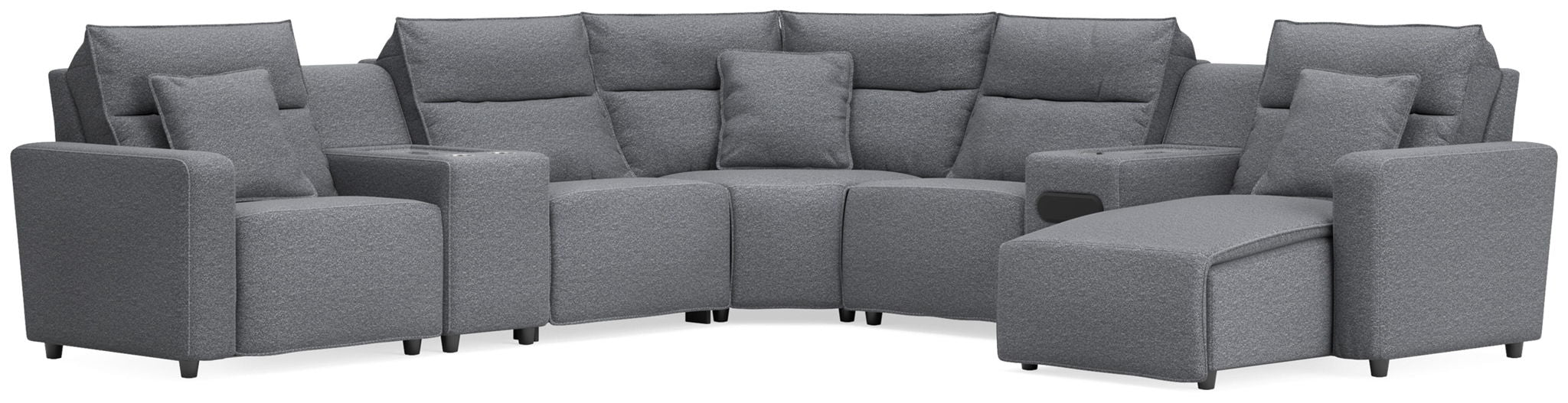 Modmax II - 7-Piece Power Reclining Sectional With RAF Press Back Power Chaise, Console And Audio System - Salt And Pepper