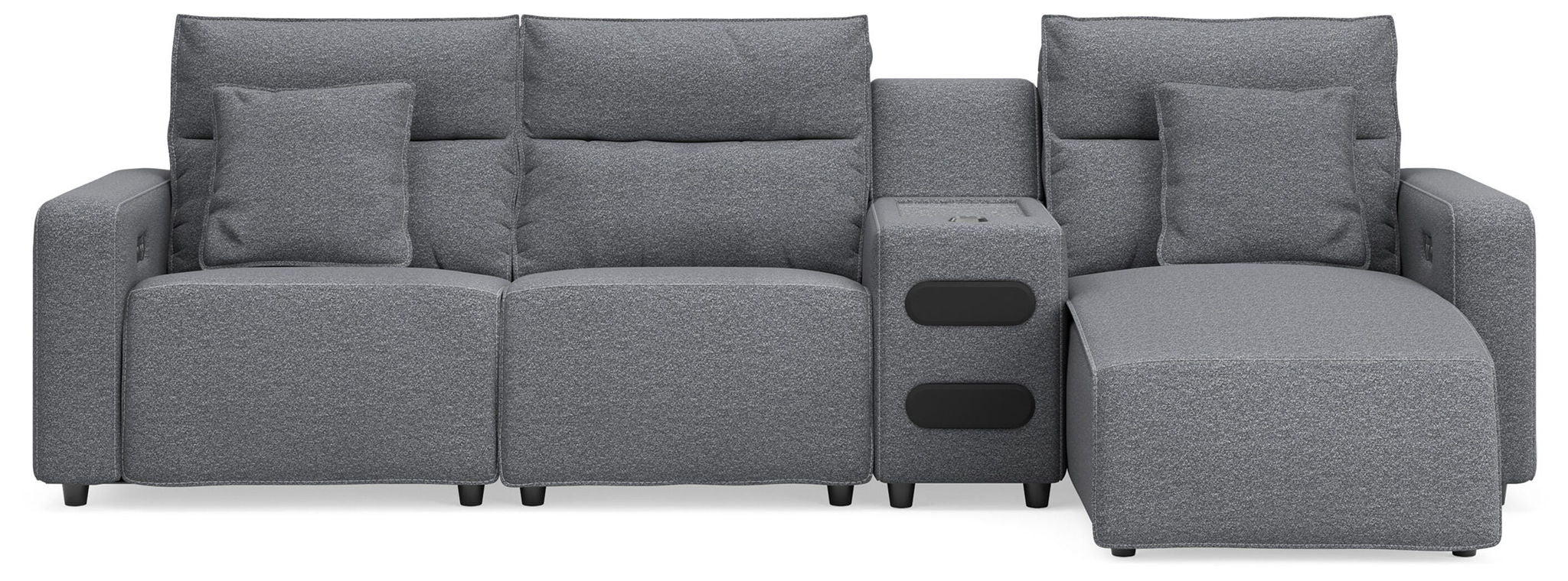 Modmax II - 4-Piece Power Reclining Sectional With RAF Press Back Power Chaise And Audio Console - Salt And Pepper