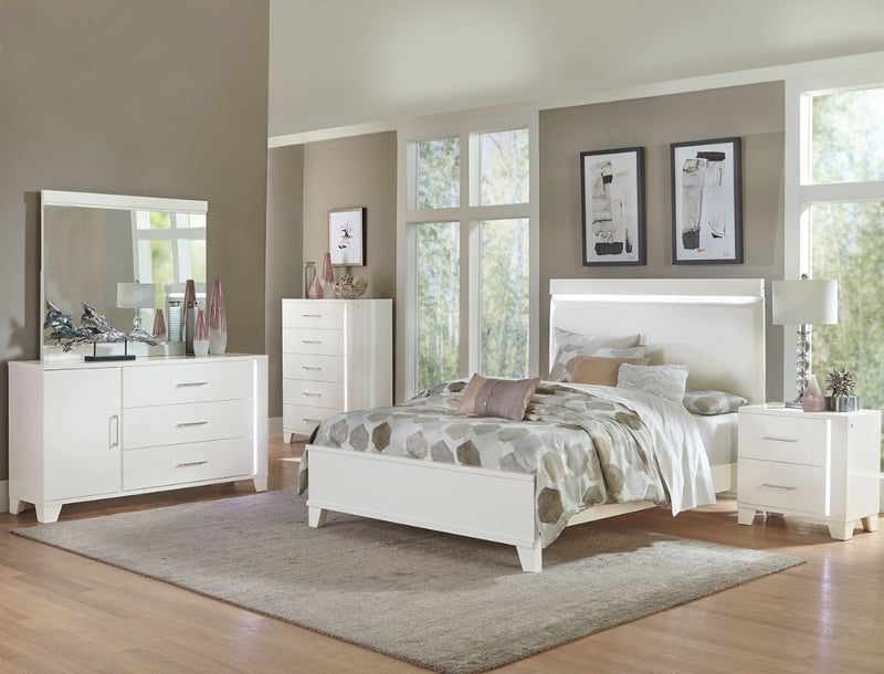 Keren White Queen Bed with LED Headboard w/ Dresser & Mirror, Nightstand