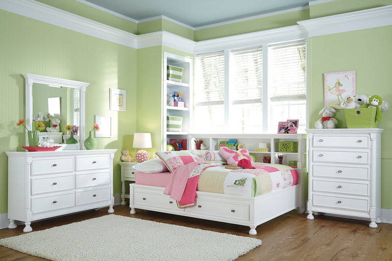 Kaslyn White Full Storage Bed w/Bookcase HB Dresser Mirror & Nightstand