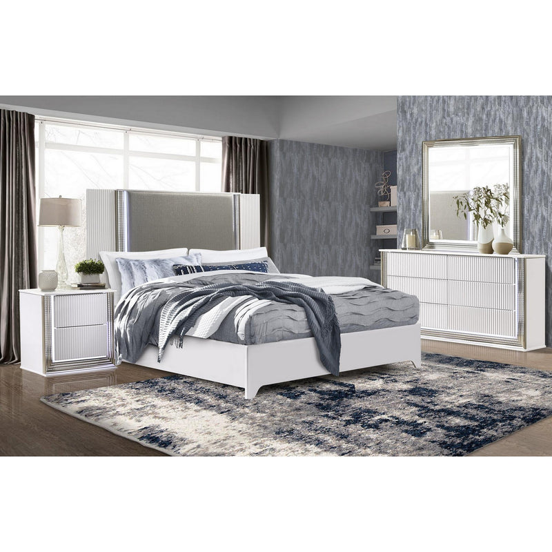Aspen White Queen Bed with LED Headboard w/ Dresser & Mirror, Nightstand