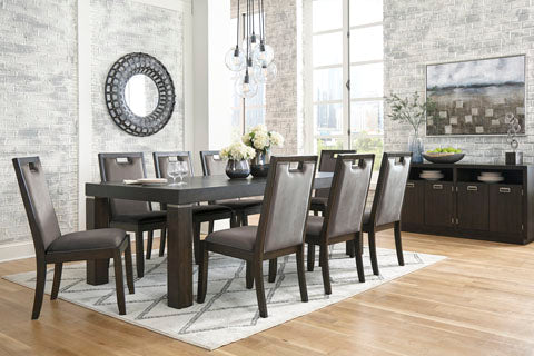Hyndell Dining Table & 6 Side Chairs & Server - Gray/Dark Brown