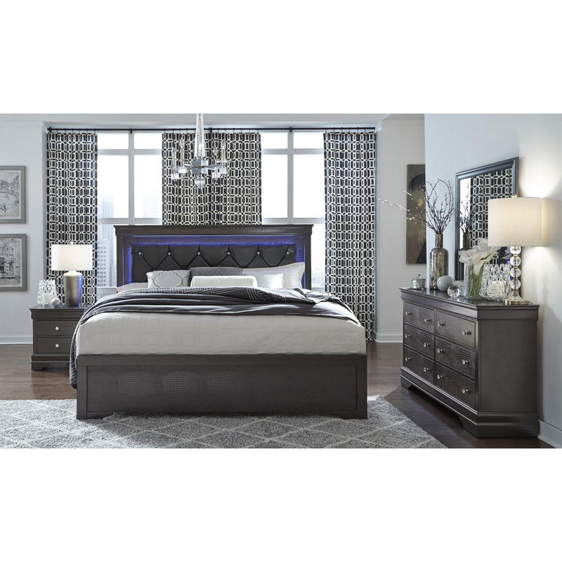 Pompei Metallic Grey King Bed and Dresser with Mirror, Nightstand