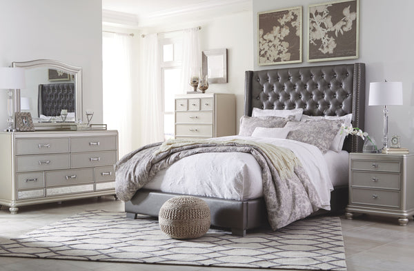 Coralayne King Tufted Upholstered Bed w/ Dresser Mirror & Nightstand