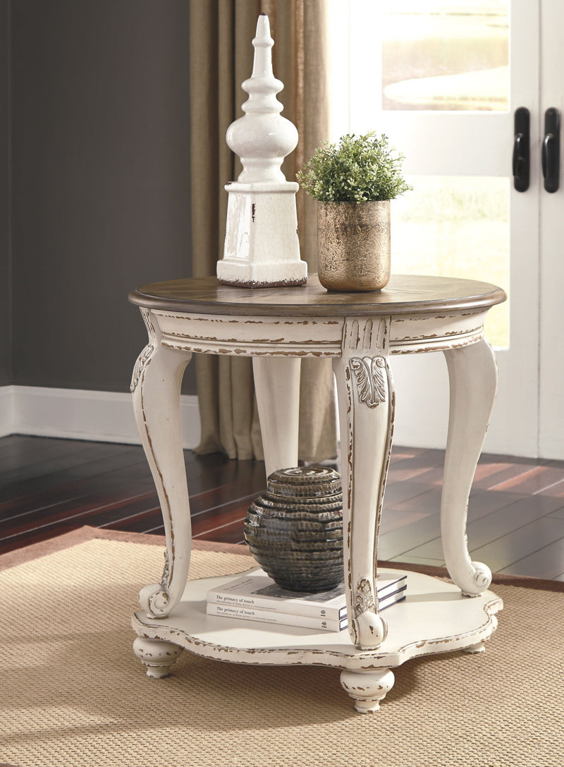 Realyn - Round End Table - White/Brown